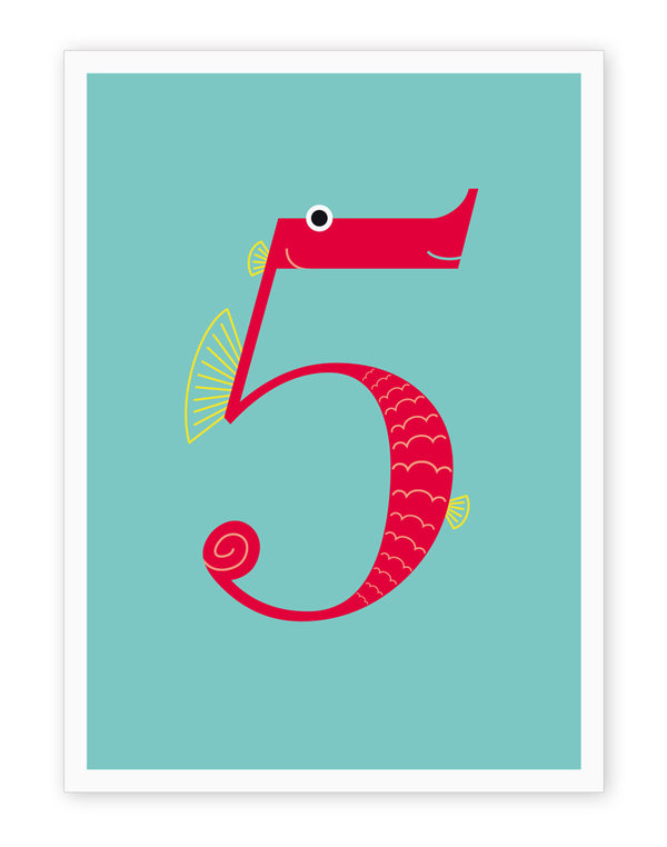 Klappkarte "5. Geburtstag"  mit der Zahl 5 als Seepferdchen – Glückwunschkarte mit Briefumschlag