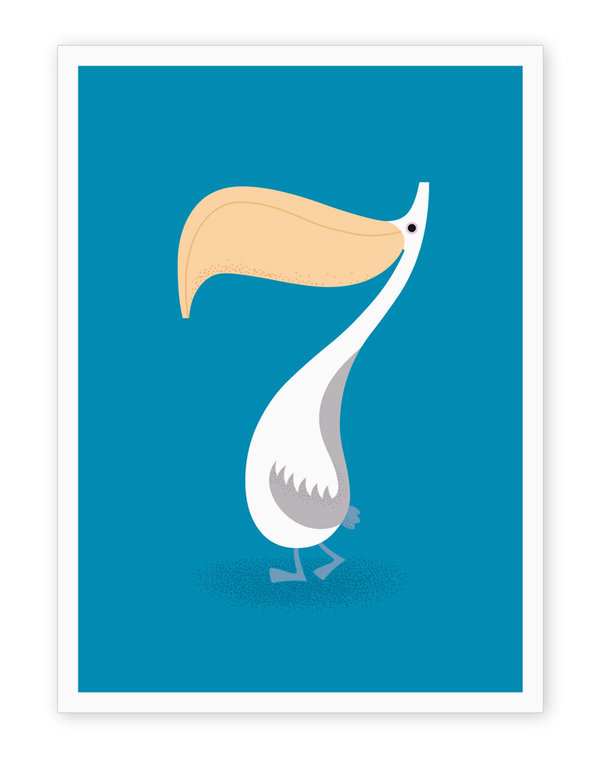 Klappkarte "7. Geburtstag"  mit der Zahl 7 als Pelikan – Glückwunschkarte mit Briefumschlag