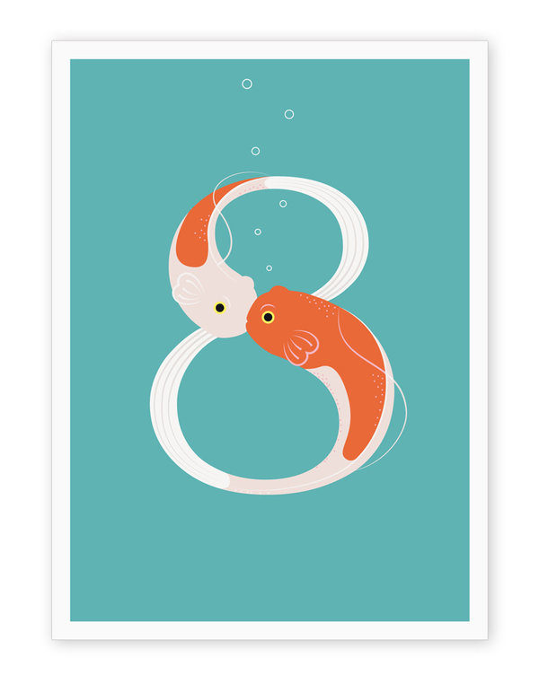 Klappkarte "8. Geburtstag"  mit der Zahl 8 als Fische – Glückwunschkarte mit Briefumschlag